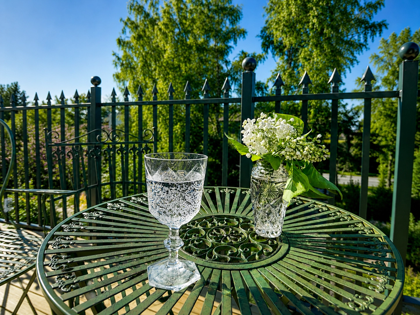 Somrig balkongmiljö med grönt smidesräcke, metallbord, glas med bubbelvatten och vita blommor i vas.