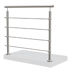 Räcke i rostfritt stål med fyra horisontella stänger och överliggare i rostfritt stål