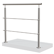 Räcke i rostfritt stål med horisontella stänger och överliggare i stål