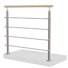 Räcke i rostfritt stål med horisontella stänger och överliggare i ek