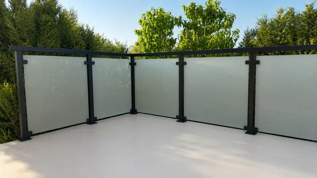 Frostat glas som insynsskydd i svart balkongräcke på modern balkong.