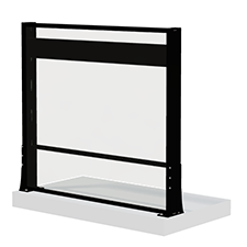 Höj och sänkbart glasräcke med svarta profiler och tyngd på betonggolv