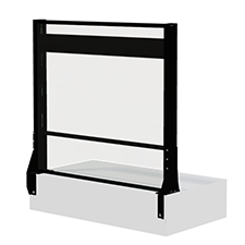 Höj och sänkbart glasräcke med svarta profiler monterat på betong