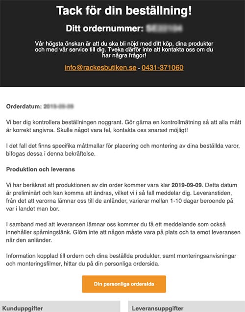 Räckesbutiken orderbekräftelse