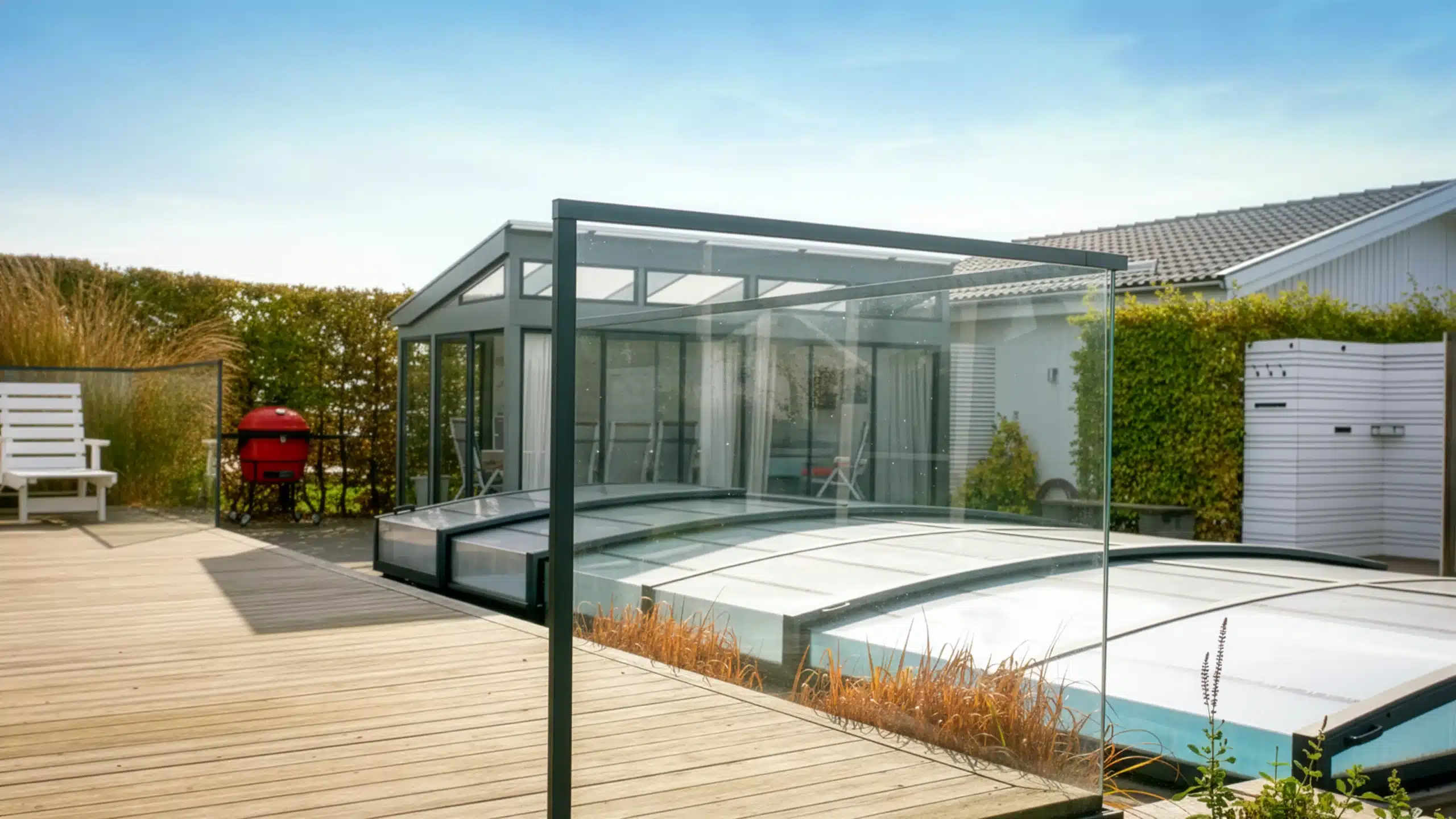 Poolområde vid vit villa med glaspartier, trädäck och skydd runt poolen.