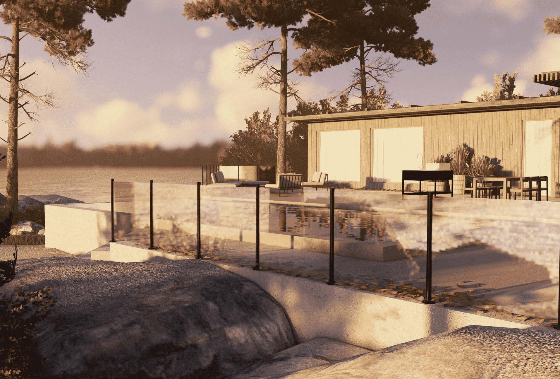 Glasräcke med rundade stolpar vid uteplats