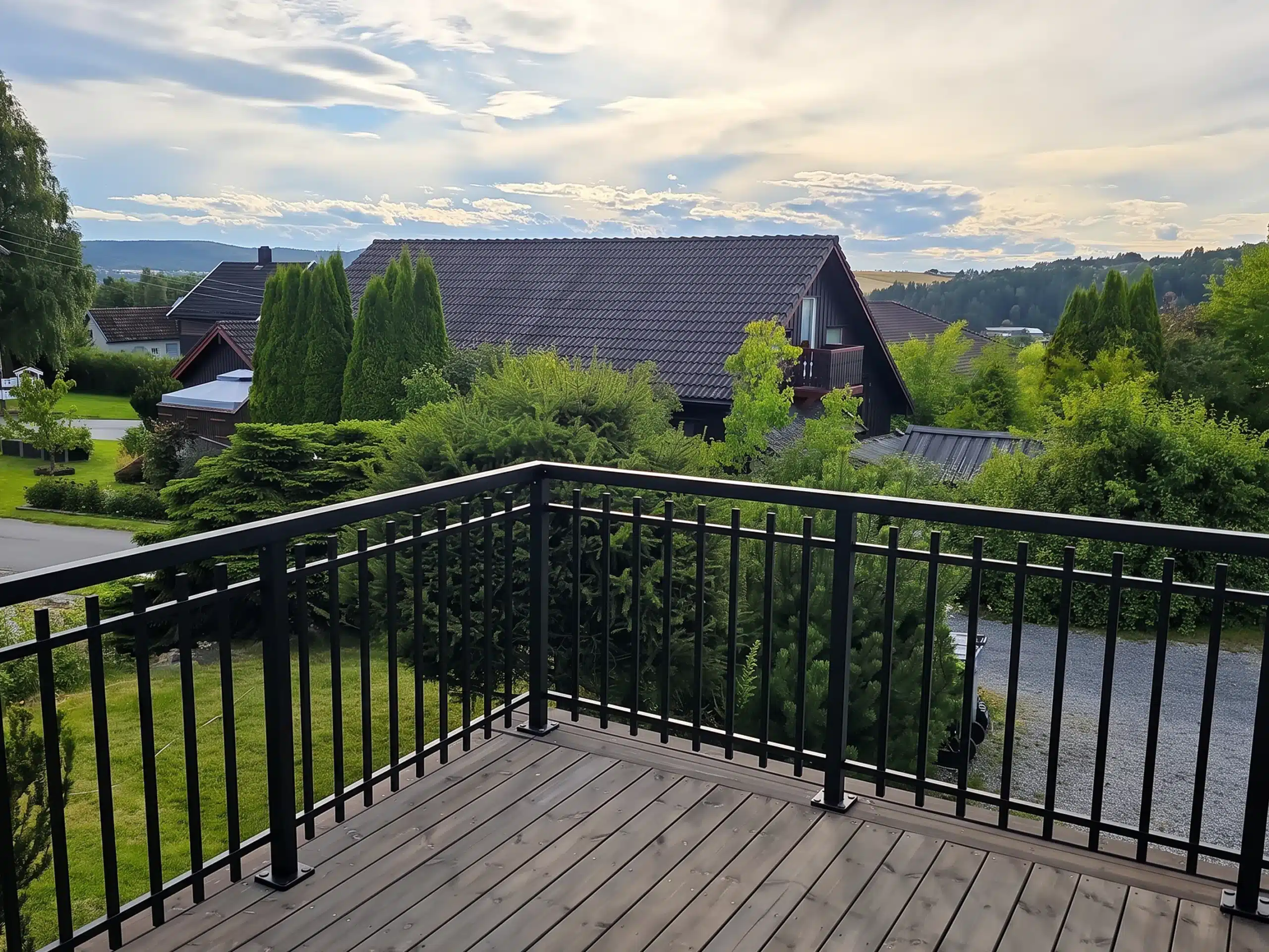 Svart räcke med vertikala spjälor på en altan i utsatt utomhusmiljö med trädgård, hus och öppet utsiktsläge i bakgrunden.