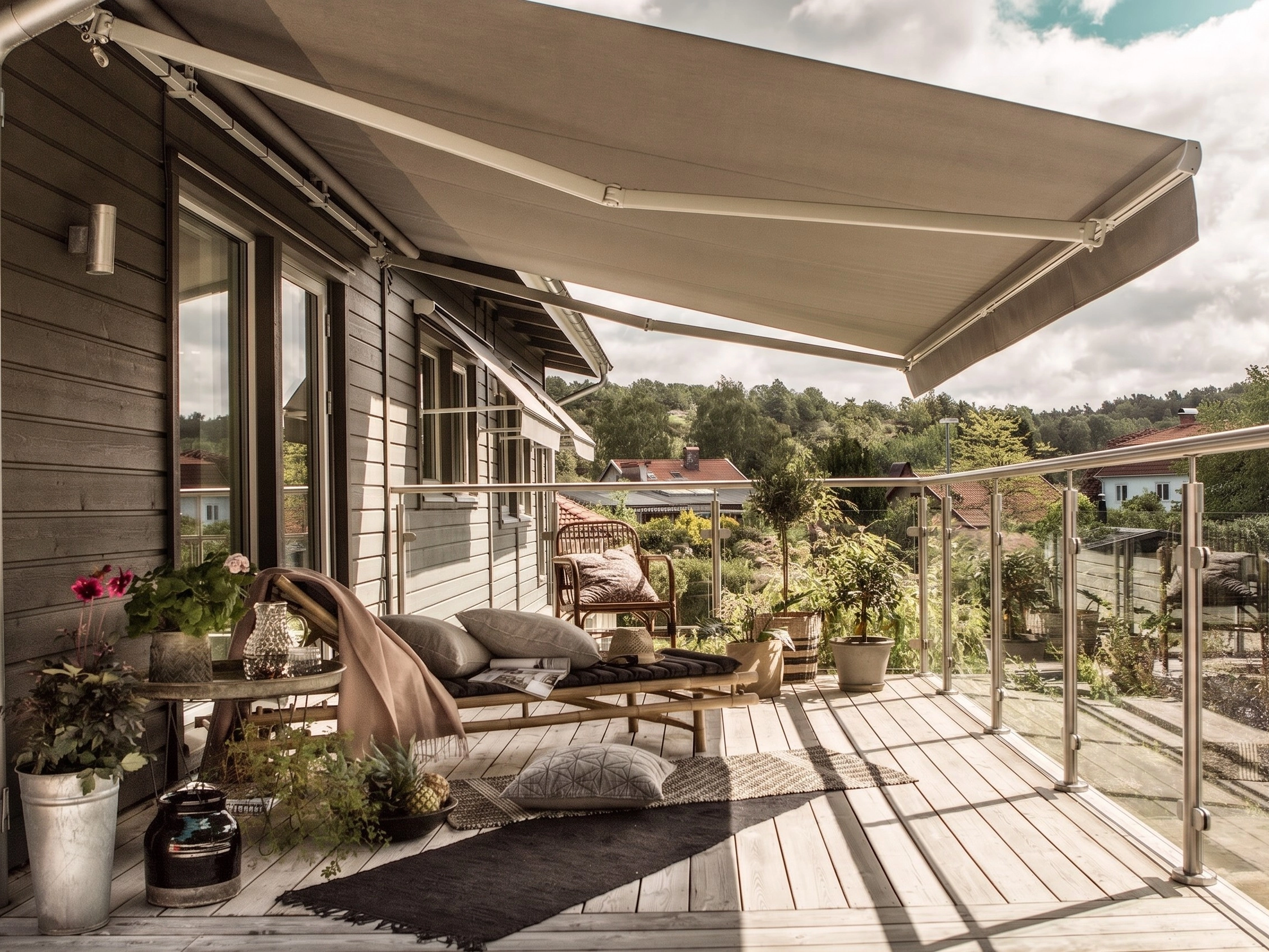 Terrassmarkis över träaltan med glasräcke, soffhörna, krukväxter och mörk träfasad längs huset.