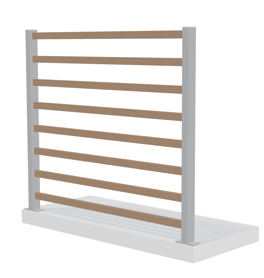 Verto insynsskydd med 10 horisontella träribbor och grå stolpar för trädgård.