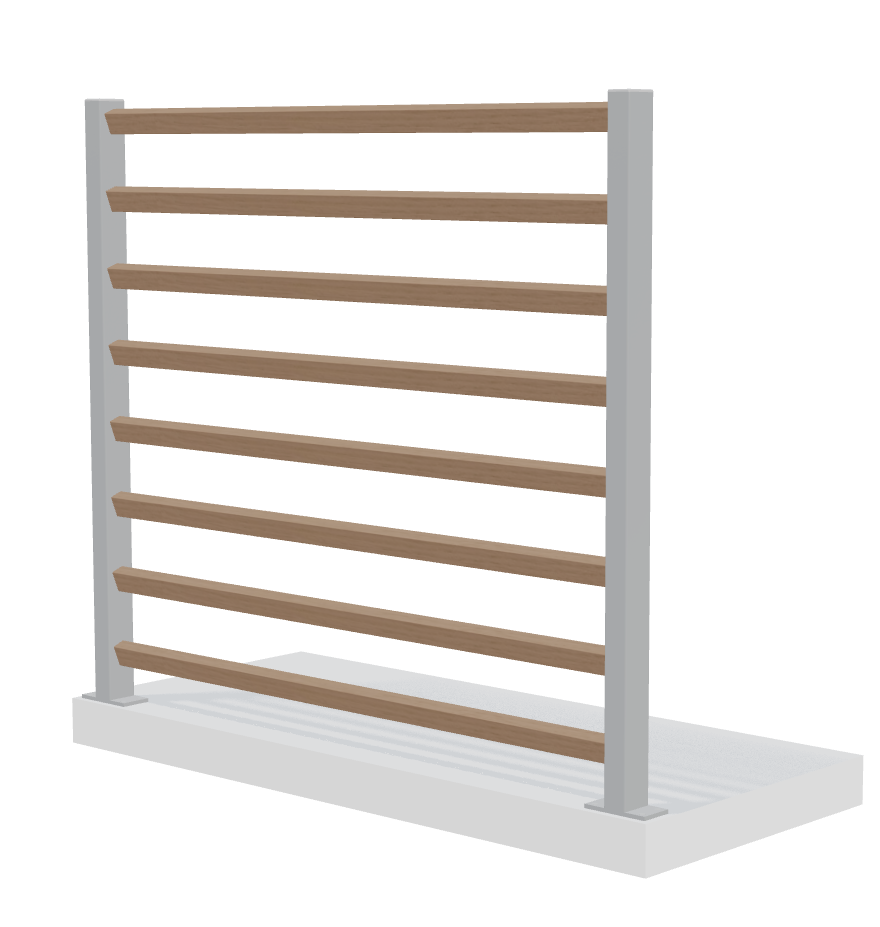 Verto spaljé med 10 vinklade träribbor och grå stolpar för elegant avskärmning.