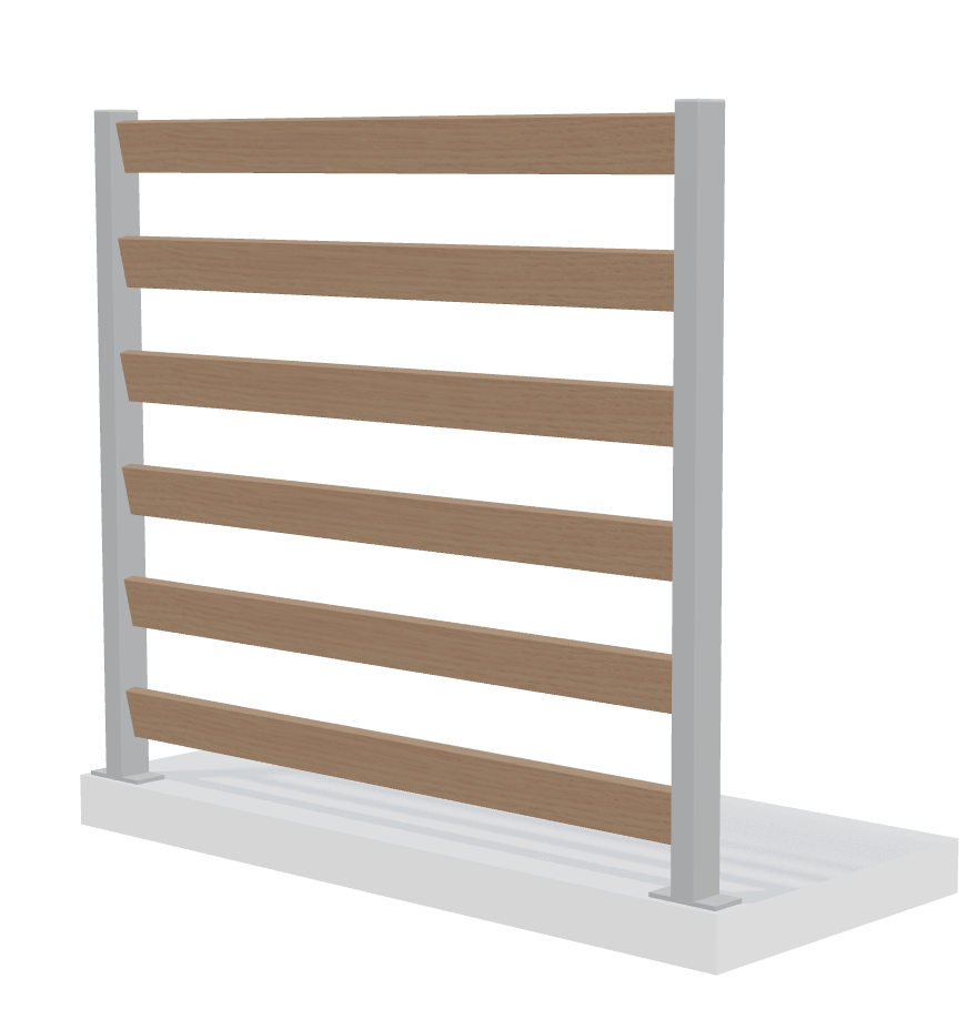 Verto spaljé med 6 breda träribbor och grå stolpar för avskärmning på altan.