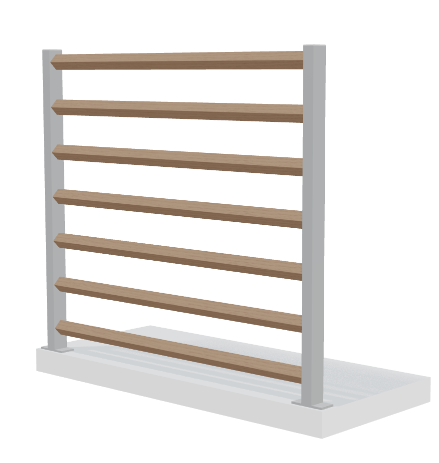 Verto spaljé med 7 vinklade ribbor och grå stolpar för dekorativ avskärmning.