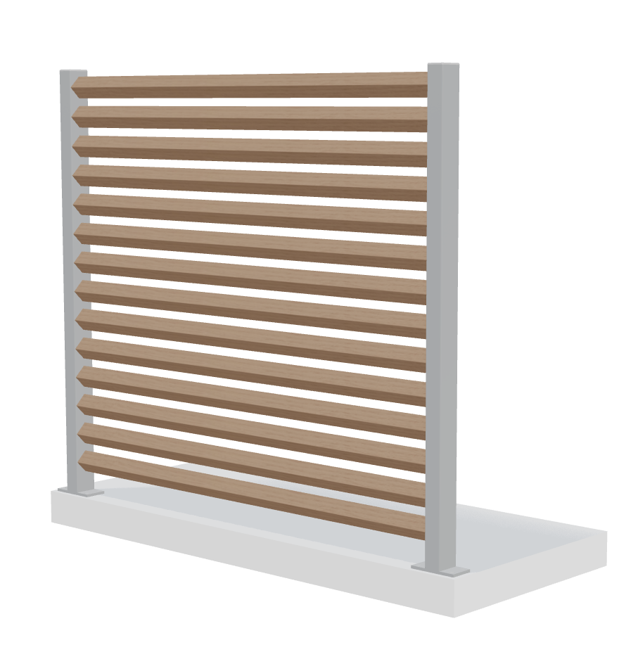 Verto spaljé med 12 vinklade träribbor och grå stolpar för ett dekorativt uttryck.