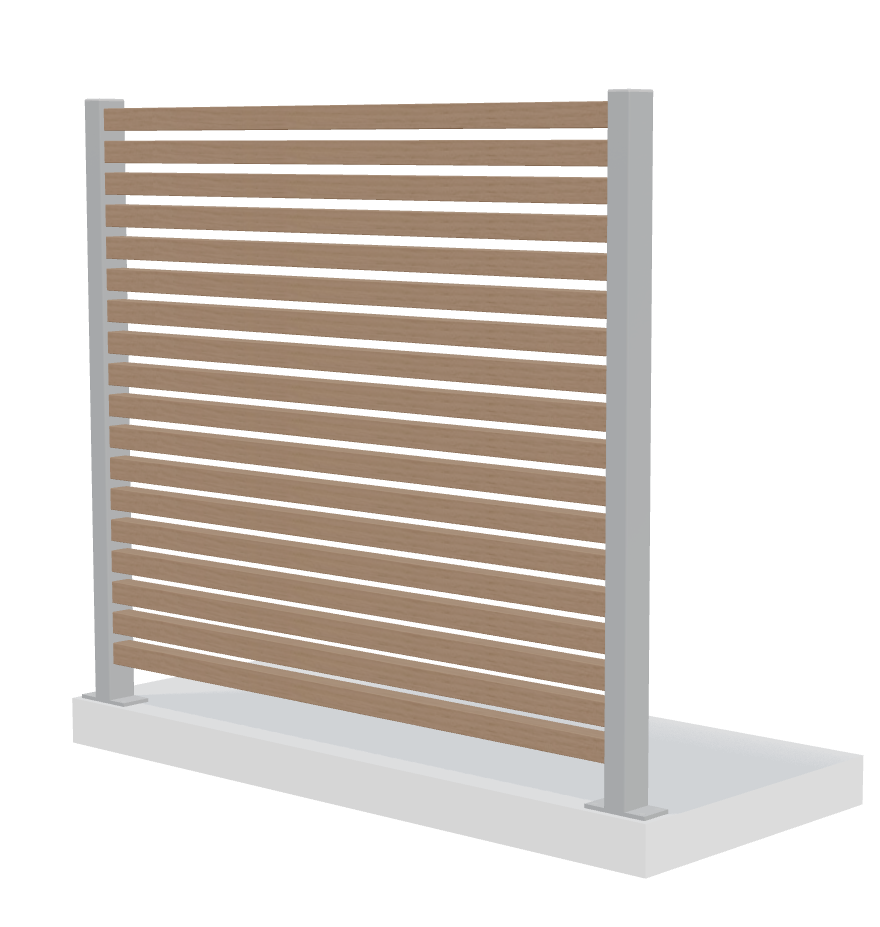 Verto staket med 12 täta horisontella ribbor och grå stolpar för maximalt insynsskydd.