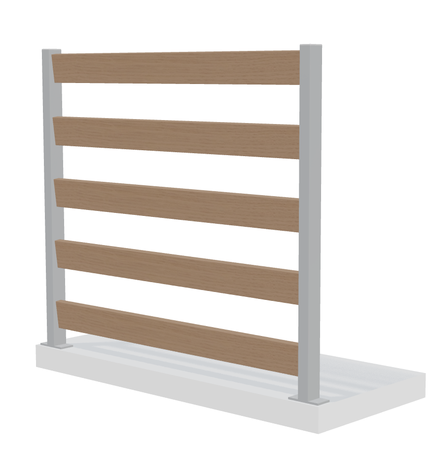 Verto staket med 5 breda horisontella ribbor och grå stolpar, minimalistisk design.