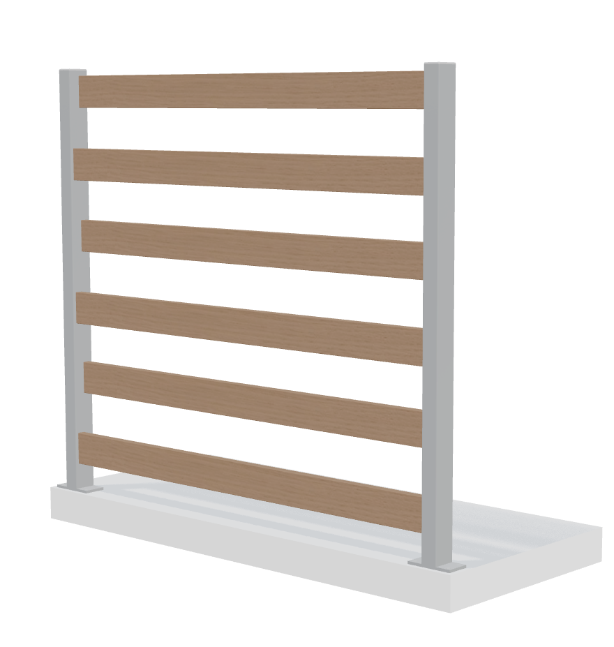 Verto staket med 6 horisontella ribbor och grå stolpar i spaljéutförande.