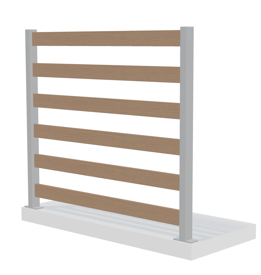 Verto staket med 7 horisontella ribbor och grå stolpar, en luftig och modern design.