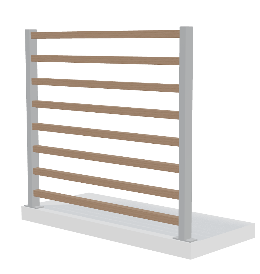 Verto staket med 7 horisontella träribbor och grå stolpar i öppen design.