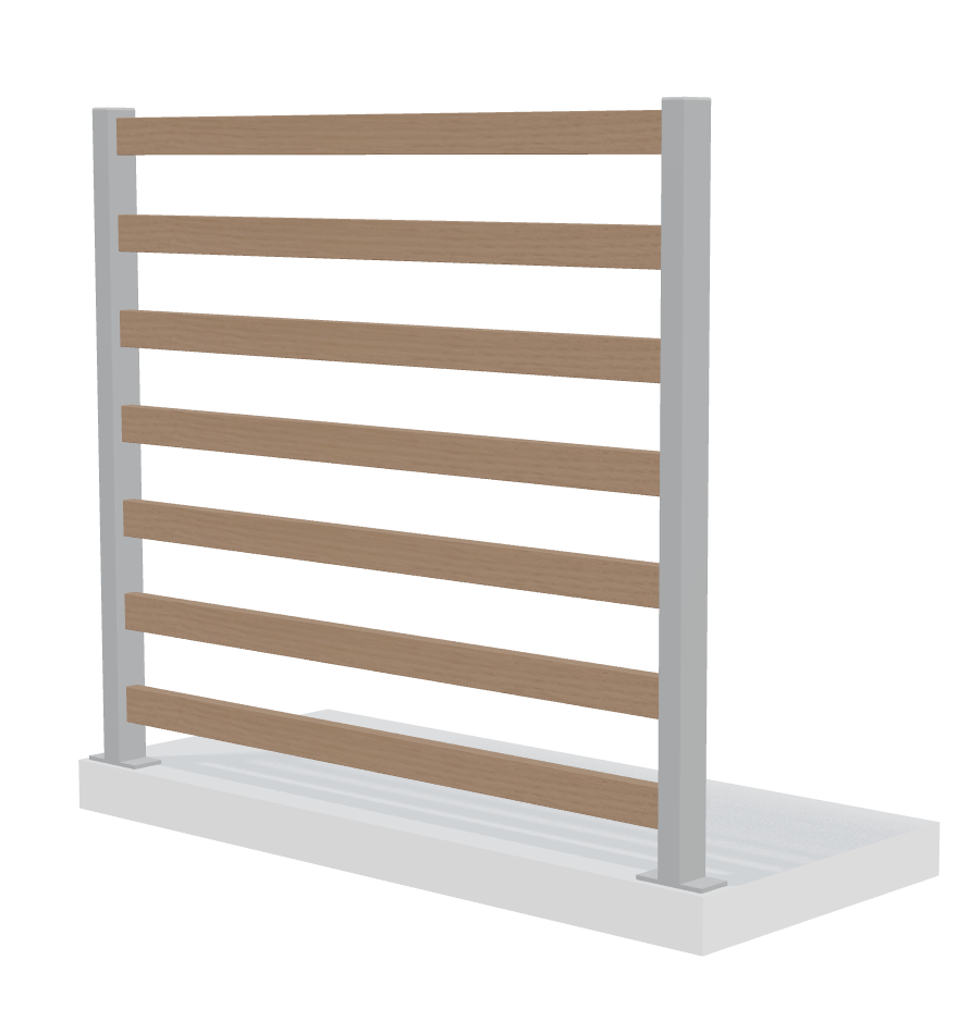 Verto staket med 9 horisontella ribbor och grå stolpar, perfekt för uteplatsen.